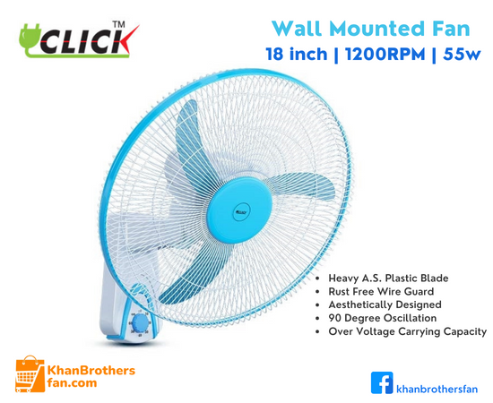 Click 18" Wall moving fan, Silent Air, 1200 RPM, Watt 55, 06 month warranty