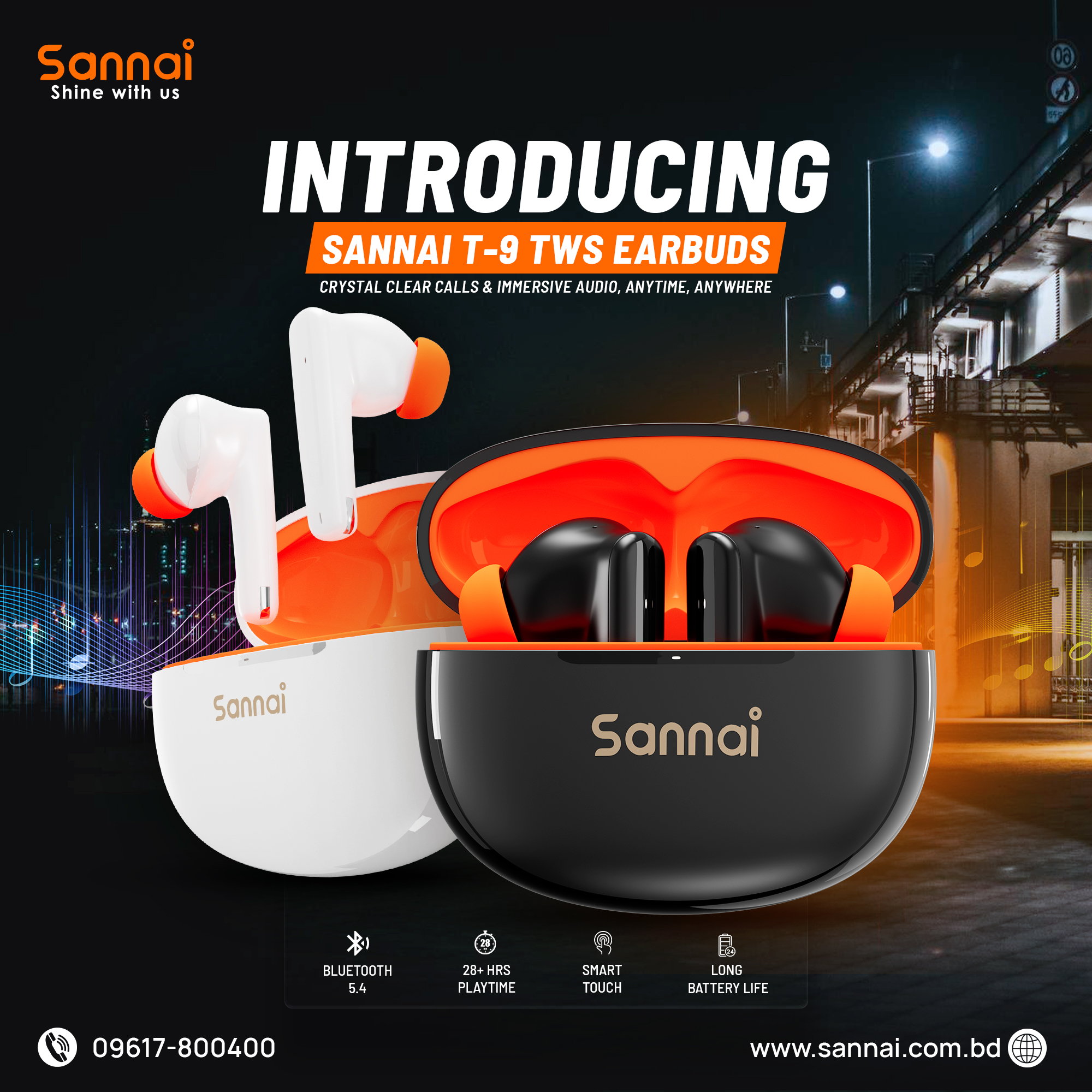 Sannai T-9 Airbads কালো/সাদা